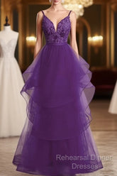 Beautiful Purple Tulle Layers With Lace Long Evening Dresses, Purple Semi Formal Prom Dress Party Dresses