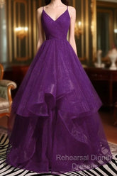 Beautiful Purple V-Neckline Straps Layers Tulle Party Gown, Purple Evening Dress