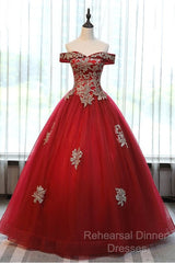 Beautiful Red Off Shoulder Long Sweet 16 Dress With Gold Lace Top, Party Dresses