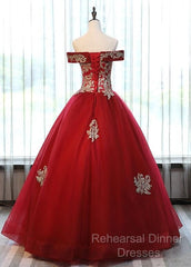 Beautiful Red Off Shoulder Long Sweet 16 Dress With Gold Lace Top, Party Dresses