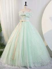 Beautiful Sage Green Tulle Floor Length Semi Formal Prom Dresses, A-Line Off The Shoulder Evening Part Dresses