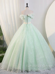 Beautiful Sage Green Tulle Floor Length Semi Formal Prom Dresses, A-Line Off The Shoulder Evening Part Dresses