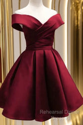 Beautiful Satin Off Shoulder Lace-Up Knee Length Bridesmaid Dress , Short Homecoming Dress