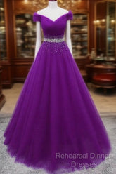 Beautiful Sequins Sweetheart Long Party Dress, Purple Tulle Evening Gown