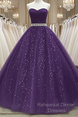 Beautiful Shiny Purple Tulle Beaded Ball Gonw Party Dress, Purple Semi Formal Prom Dresses