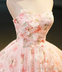 Beautiful Strapless Tulle Flower Long Pink Ball Gown
