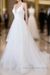 Beautiful White Long A-line V-neck Tulle Backless Wedding Dresses