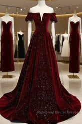 Beautiful Wine Red Off Shoulder Velvet Long Party Dress, A-Line Dark Red Semi Formal Prom Dresses
