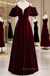 Beautiful Wine Red Velvet Off Shoulder Floor Length Party Dress, Velvet Junior Semi Formal Prom Dress