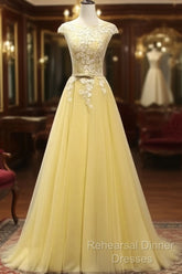 Beautiful Yellow Long Semi Formal Prom Dress, A-Line Round Neckline Formal Dress