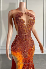 Mermaid Style Burnt Orange Sequins Semi Formal Prom Dresses with Side Slit Long Length Beadings and Feathers