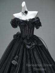 Black A-Line Off-The-Shoulder Tulle 3D Applique Long Semi Formal Prom Dress,Adult Ceremony Graduation Semi Formal Prom Dress