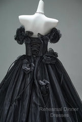 Black A-Line Off-The-Shoulder Tulle 3D Applique Long Semi Formal Prom Dress,Adult Ceremony Graduation Semi Formal Prom Dress