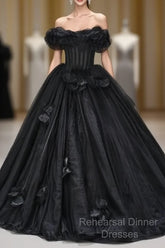 Black A-Line Off-The-Shoulder Tulle 3D Applique Long Semi Formal Prom Dress,Adult Ceremony Graduation Semi Formal Prom Dress