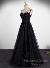 Black A-Line Tulle Straps Simple Long Semi Formal Prom Dress, Black Evening Dress Party Dress