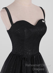 Black A-Line Tulle Straps Simple Long Semi Formal Prom Dress, Black Evening Dress Party Dress