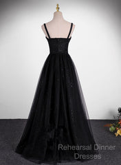 Black A-Line Tulle Straps Simple Long Semi Formal Prom Dress, Black Evening Dress Party Dress
