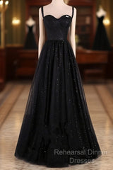 Black A-Line Tulle Straps Simple Long Semi Formal Prom Dress, Black Evening Dress Party Dress
