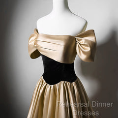 Black And Champagne Satin Long Party Dress, Off Shoulder Satin Semi Formal Prom Dress