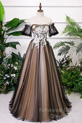 Black And Champagne Short Sleeves Tulle With Lace Party Dress, A-Line Floor Length Semi Formal Prom Dress