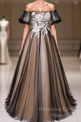 Black And Champagne Short Sleeves Tulle With Lace Party Dress, A-Line Floor Length Semi Formal Prom Dress