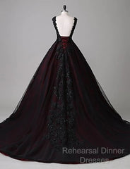 Black And Red Backless Tulle Long Formal Gown, Black And Red Long Semi Formal Prom Dress