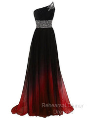 Black And Red Gradient Chiffon One Shoulder Beaded Party Dress, Cute Junior Semi Formal Prom Dress
