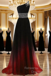 Black And Red Gradient Chiffon One Shoulder Beaded Party Dress, Cute Junior Semi Formal Prom Dress