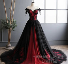 Black And Red Lace Tulle Off Shoulder Semi Formal Prom Dress, Black And Red Formal Dress