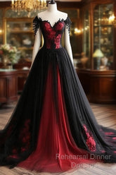 Black And Red Lace Tulle Off Shoulder Semi Formal Prom Dress, Black And Red Formal Dress