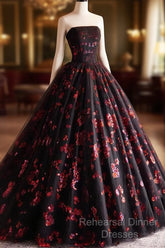 Black And Red Tulle Floral Sweet 16 Dress, Black And Red Party Dress Semi Formal Prom Dress