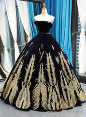 Black Ball Gown Velvet Gold Appliques Backless Long Haute Couture Prom Dresses