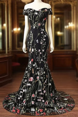 Black Floral Lace Mermaid Off Shoulder Long Party Dress, Black Evening Dress Semi Formal Prom Dress