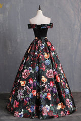 Black Floral Satin Off Shoulder Strapless Long Formal Semi Formal Prom Dress, Evening Dress