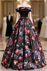 Black Floral Satin Off Shoulder Strapless Long Formal Semi Formal Prom Dress, Evening Dress