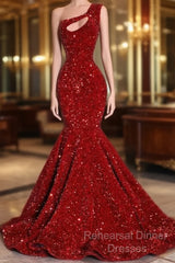 Black Girl Semi Formal Prom Dresses One Shoulder Mermaid Red Semi Formal Prom Dresses | Cheap Sequins Evening Gowns