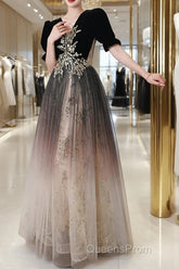 Black Gradient Tulle And Velvet Short Sleeves Party Dress, A-Line Tulle Long Formal Dress