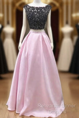 Black Lace Beaded Two Piece Satin Semi Formal Prom Dresses