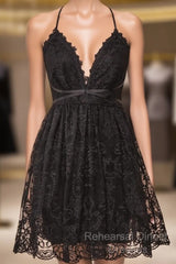 Black Lace Straps A-Line Short Party Dress Lace Homecoming Dresses