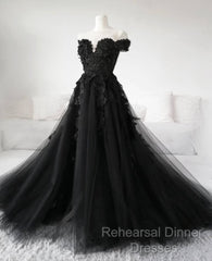 Black Lace Wedding Dresses  Off The Shoulder Pearls Tulle Formal Semi Formal Prom Dress