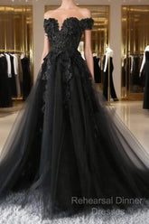 Black Lace Wedding Dresses  Off The Shoulder Pearls Tulle Formal Semi Formal Prom Dress