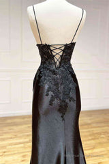 Black Long Appliques Prom Dress with Spaghetti Straps,Vintage Formal Dresses