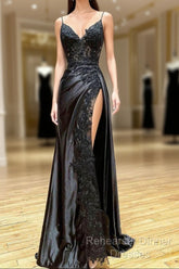 Black Long Appliques Semi Formal Prom Dress With Spaghetti Straps
