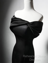 Black Mermaid Satin Off Shoulder Evening Dress, Black Satin Semi Formal Prom Dress