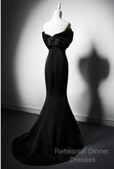 Black Mermaid Satin Off Shoulder Evening Dress, Black Satin Semi Formal Prom Dress