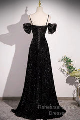 Black Off Shoulder Sequin Long Semi Formal Prom Dress Evening Dress With Bow Knot