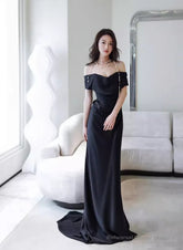 Black Off Shoulder Soft Satin Floor Length Party Dress, Black Satin Evening Dress
