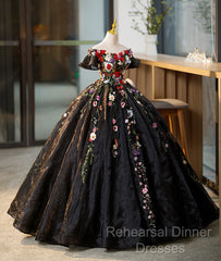 Black Off Shoulder Sweet 16 Dresses With Flowers, Black Ball Gown Formal Dress