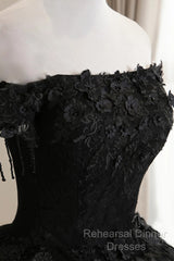Black Off Shoulder Sweet 16 Formal Dress With Lace, Black Long Semi Formal Prom Dress