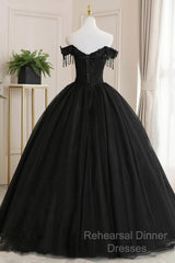 Black Off Shoulder Sweet 16 Formal Dress With Lace, Black Long Semi Formal Prom Dress